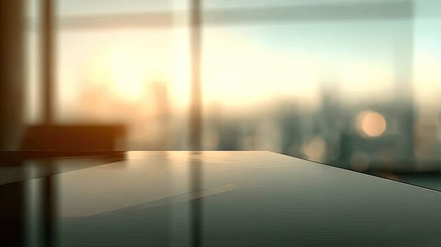 Reflective tabletop presents an illuminated cityscape backdrop during sunset