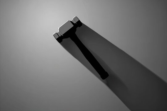 Stylized black and white image depicts a heavy striking implement casting a long shadow across a gradient background.