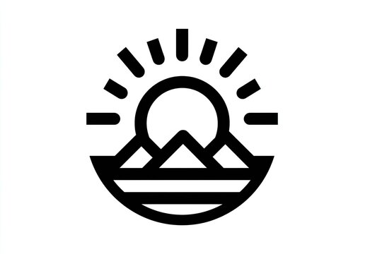 Stylized graphic depicts sun rising over layered mountains above water