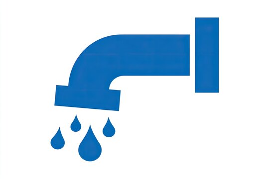 Blue graphic symbol depicts a plumbing fixture dripping liquid onto a white background