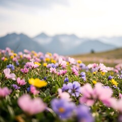 Fototapeta premium A field of colorful wildflowers blooms in the foreground with soft, hazy mountains in the background