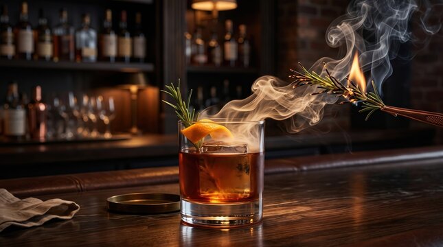Crafted smoky cocktail with flaming rosemary on a rustic bar counter, creating a captivating ambiance