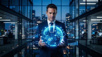 Fototapeta premium Businessman hand hold global Management network and data, organizational planning, resource optimization, corporate operations control, workflow strategy