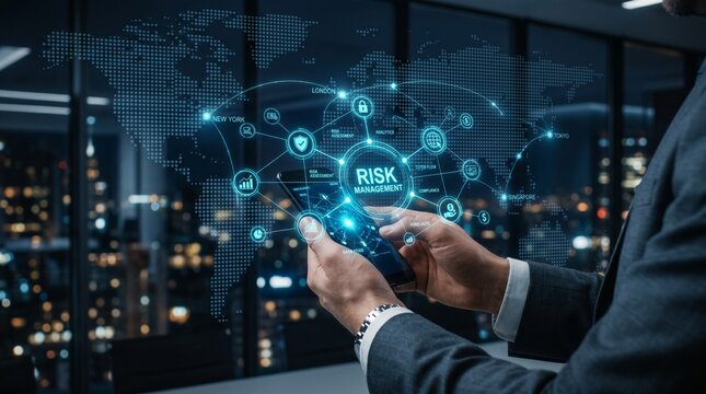 Businessman analysis of data Risk Management technological and enterprise compliance platforms, predictive risk analytics tools, cyber risk assessment, financial exposure frameworks