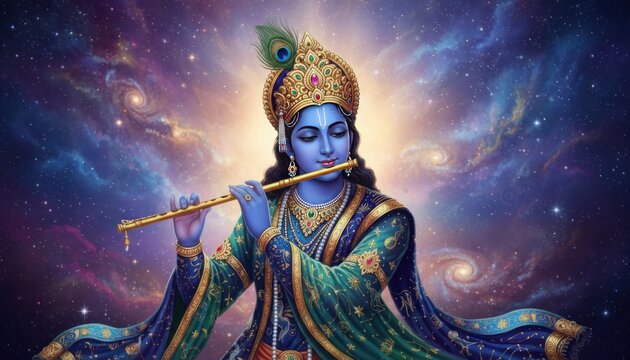 Vibrant Hindu janmashtmi illustration with flute, ornate gold crown and blue skin, glowing cosmic background devotional art