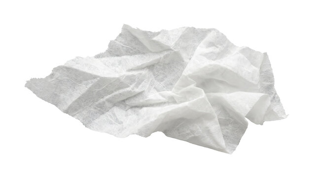 Crumpled white tissue paper on white background, wrinkled paper napkin texture, used soft facial tissue for hygiene and cleaning concepts