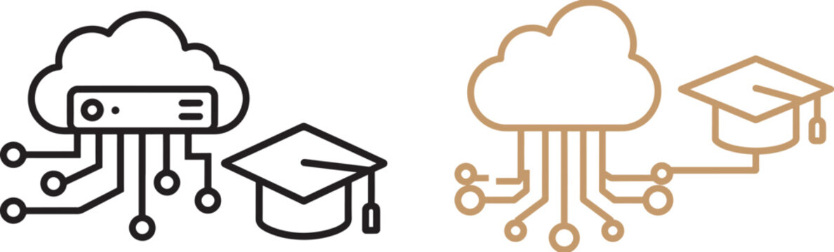 Cloud computing and graduation cap line art vector icons for e-learning and digital education technology