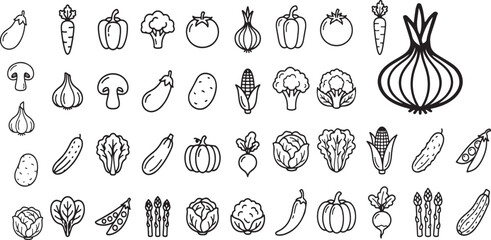 Fototapeta premium Collection of fresh vegetables and healthy food icons for culinary and nutrition design with vegetables nutrition agriculture broccoli mushroom eggplant cucumber zucchini asparagus ingredient