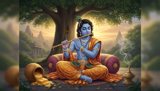 Mythological janmashtmi illustration, blue-skinned Hindu deity playing flute, ornate jewelry and golden dhoti in serene temple landscape