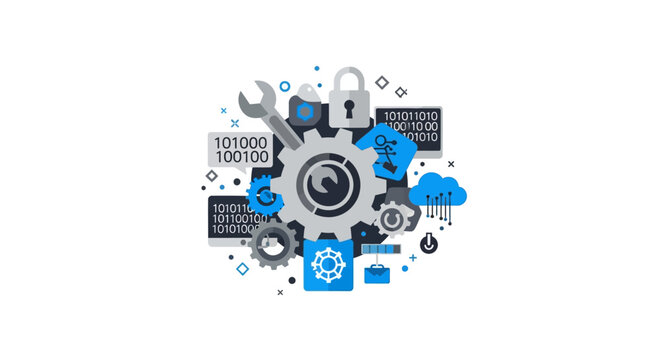 Software Development and System Optimization Flat Vector Illustration with Gears, Binary Code, Security, and Cloud Computing Icons for IT Infrastructure Concepts