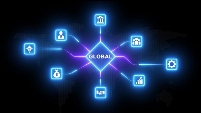 Blue and purple neon glowing global network concept with digital business technology icons and rhombus node structure on world map background for worldwide communication and infrastructure