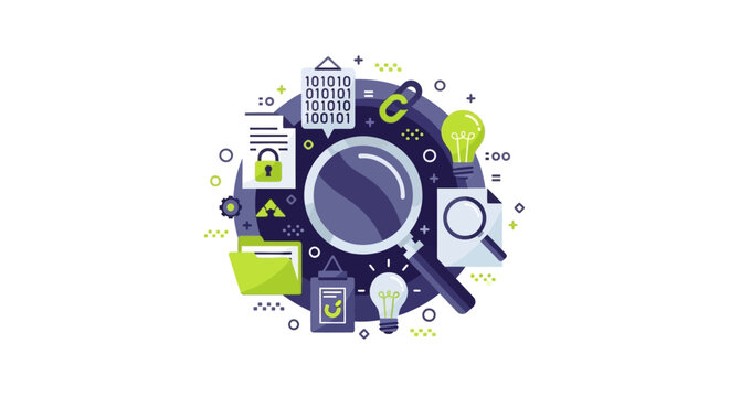 SEO and Data Analysis Concept Illustration with Magnifying Glass, Binary Code, and Security Icons