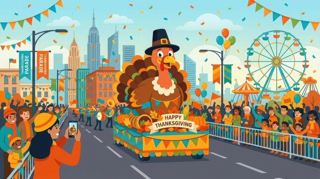 Happy thanksgiving parade in the city with a giant turkey float