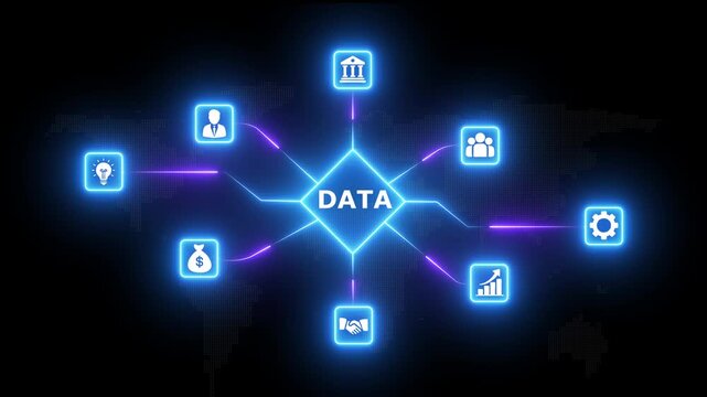 Blue and purple neon glowing data network concept with digital technology icons and rhombus node structure on world map grid background for big data analytics and global communication