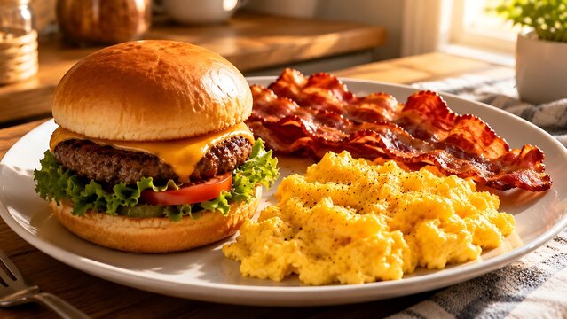 Berger on a plate with scrambled eggs and bacon , kitchen breakfast, morning sunlight.