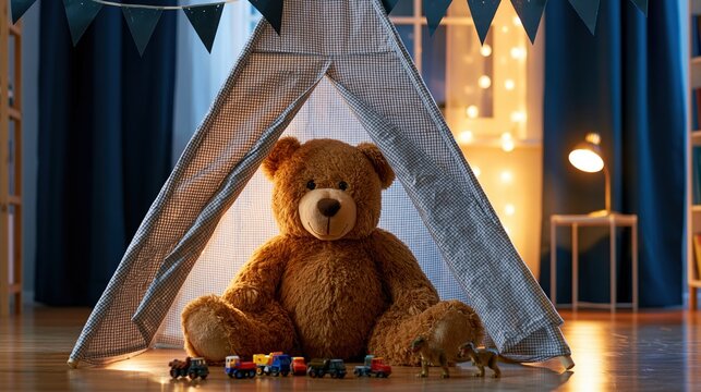 Cozy teddy bear sitting inside a play tent with toys