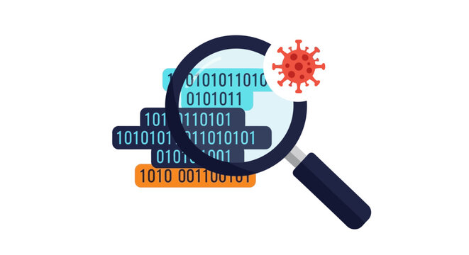 Cybersecurity Concept: Magnifying Glass Scanning Binary Code for Malware and Virus Detection - Flat Vector Illustration
