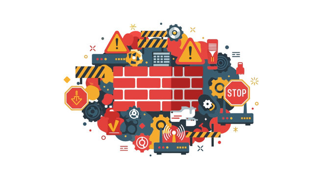 Network Security Firewall Concept Illustration with Brick Wall and Warning Icons for Cyber Protection and Data Defense