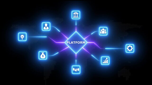Blue and purple neon glowing platform network concept with digital business technology icons and rhombus node structure on world map background for software ecosystem and corporate integration