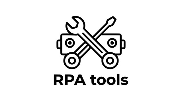 Robotic process automation tools and iconography with software tool, digital transformation