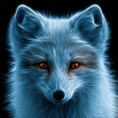 Obraz premium A front view of an arctic fox face with large fluffy ears and bright eyes, set against a dark background.