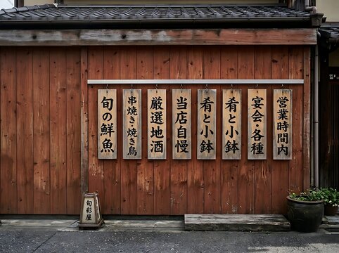 Traditional japanese sake brewery storefront with wooden signage and textured red cedar plank wall exterior