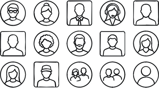 Hand drawn doodle profile avatar vector set with cute quirky user character illustrations