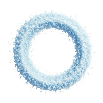 Circular frame of vibrant cerulean blue, crystallized, iridescent snow texture, isolated via high-key macro overhead view on transparent. Concept of luxury winter elegance