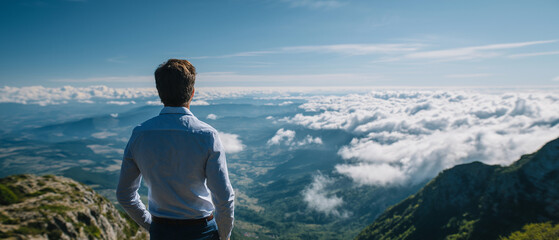 Fototapeta premium Summit Serenity: A lone man, silhouetted against a vast expanse, gazes out from a mountaintop vista above the clouds, embracing a moment of profound peace and panoramic grandeur.