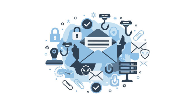 Cybersecurity and Email Phishing Protection Concept Illustration with Digital Icons, Envelopes, Padlocks, and Data Privacy Elements