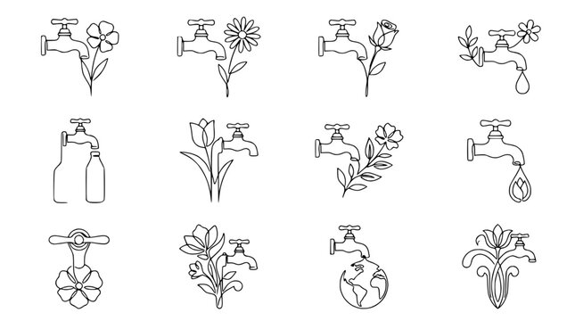 Water conservation icons: taps with plants, flowers, earth, and drops