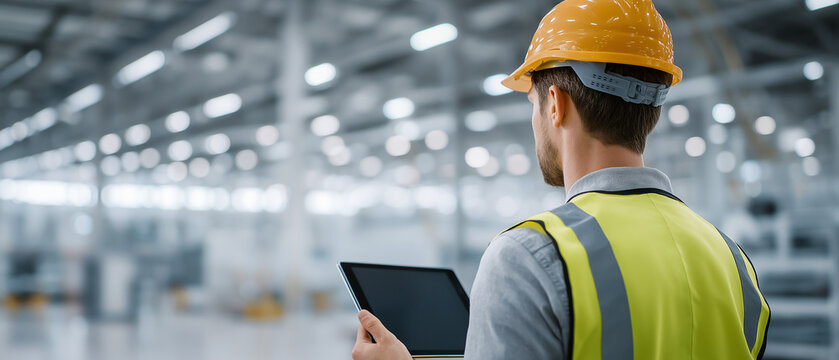 Factory Foreman's Oversight: A vigilant factory foreman, clad in a yellow hard hat and safety vest, inspects the industrial plant floor while holding a tablet.