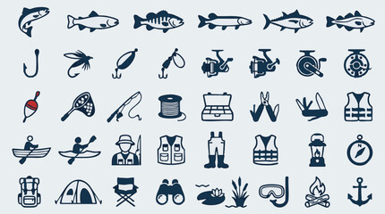 Fishing and Camping Outdoor Activities Icons Set - Recreation and Nature Gear © Hexaview