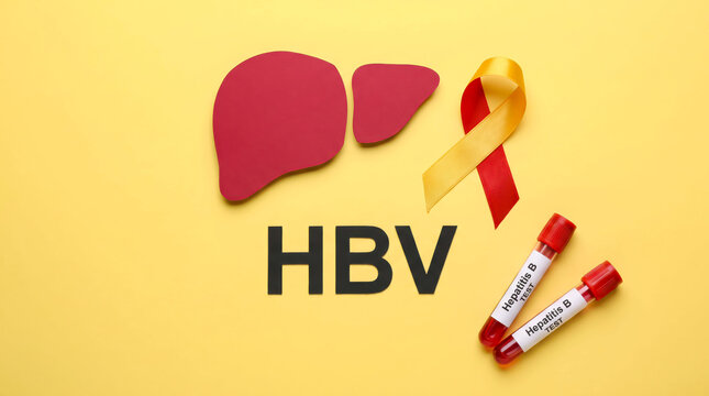 HBV Hepatitis B virus medical concept, human liver paper cutout with awareness ribbon and blood test tubes, healthcare diagnosis on yellow background