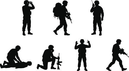 Obraz premium Military Soldier Silhouette Collection with Tactical Patrol Communication Rescue and Combat Poses