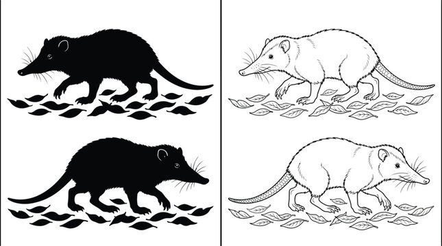 Shrew Walking on Leaves Set in Two Variations, One as a Black Silhouette and Another as a Detailed Line Art Illustration