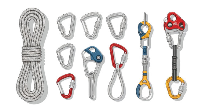 Assorted climbing gear featuring ropes, carabiners, and belay devices.