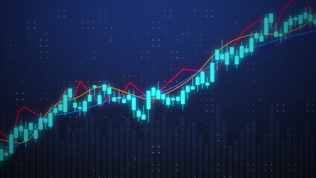 Financial blue abstract background with uptrend candle stick pattern of stock market, investment growth business