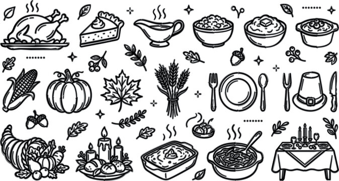 Thanksgiving monoline vector icon set with cute colorful doodle food and autumn harvest elements
