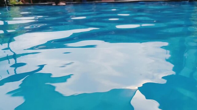 Calm blue water ripples gently in a sunlit swimming pool reflecting sky and trees