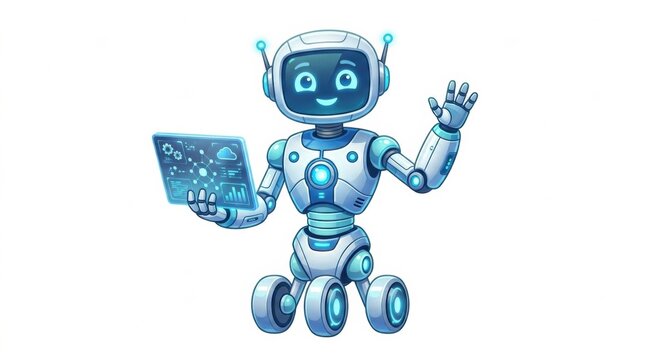 Friendly robot holds a laptop and waves while displaying data on the screen in a colorful and animated style