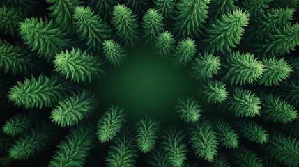 Fototapeta premium Lush evergreen foliage forming a circular pattern around a central space.