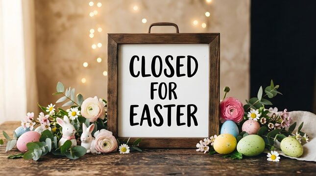 Closed for easter sign with spring floral arrangement bunny and decorated eggs on rustic wood surface
