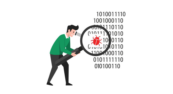 Developer Searching for Software Bug in Binary Code with Magnifying Glass, Cybersecurity and Debugging Concept Illustration