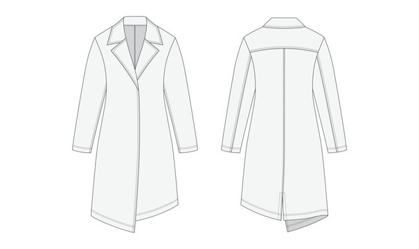 Long coat technical flat sketch, front and back view, editable clutch coat fashion drawing mockup template, lapel collar vector illustration