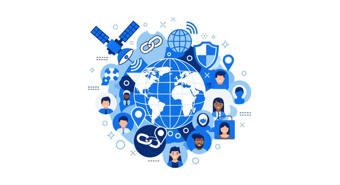 Global Connectivity and Digital Network Illustration with Earth Globe, Diverse Avatars, and Communication Technology Icons in Flat Blue Style
