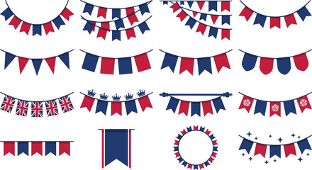 Obraz premium United Kingdom Union Jack Bunting Garland Vector Illustration Set with Blue Red White Patriotic Pennant Flags for British National Celebrations and Royal Events