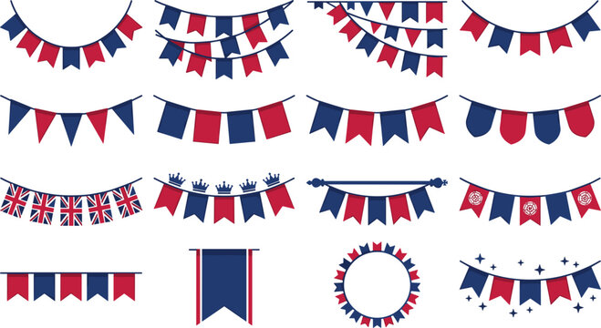United Kingdom Union Jack Bunting Garland Vector Illustration Set with Blue Red White Patriotic Pennant Flags for British National Celebrations and Royal Events