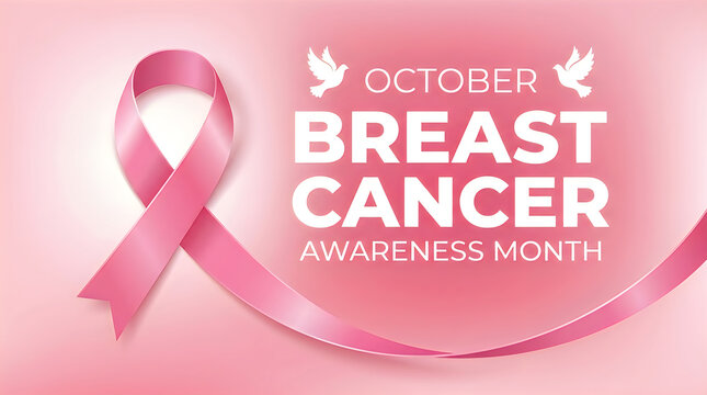 October breast cancer awareness month poster with pink ribbon and white doves as symbol of peace and hope for healthcare campaign and medical support for women worldwide for prevention.
