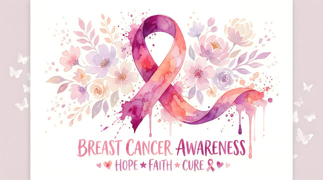 Watercolor breast cancer awareness illustration with floral ribbon and butterflies representing hope faith and cure for medical healthcare campaigns and patient support for oncology.